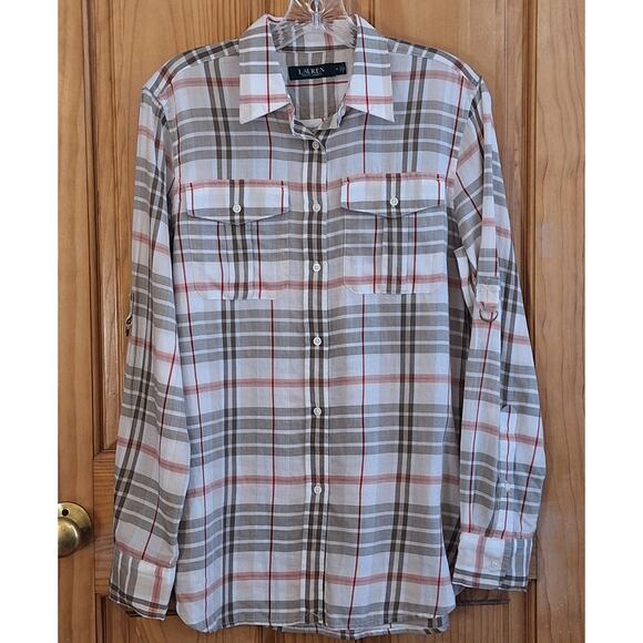 Lauren Ralph Lauren Shirt Women Medium Lightweight Cotton Plaid Classic Preppy - Picture 1 of 9